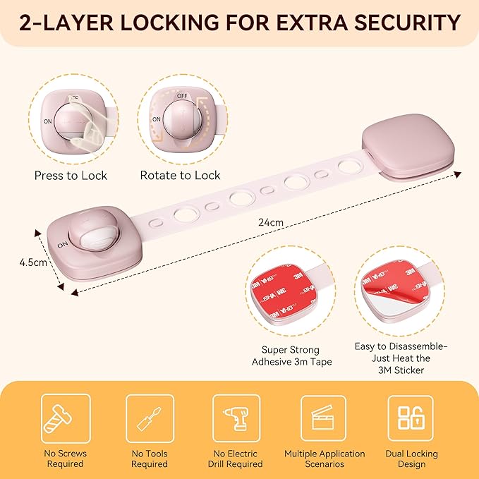 2 Pack Cabinet Locks/Refrigerator Locks Baby Proofing - Child Proof Locks for Drawer, Refrigerator, Fridge, Toilet Seat-No Screws or Tools Required (2 Pack-Pink Locks)-BubblyBeeBaby