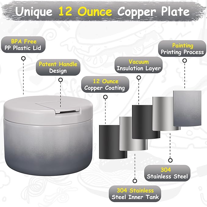 12oz Insulated Vacuum Food Jar with Buckle Lid Wide Mouth Soup Thermo for Hot Food Kids Leakproof Stainless Steel Lunch Container (Gradient Grey, 12OZ)-BubblyBeeBaby