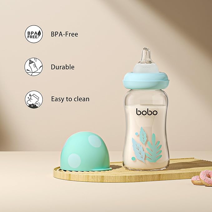 YOHKOH Natural Glass Baby Bottle with Natural Response Nipple, Newborn Anti-Colic Baby Bottles, Wide Neck Mushroom Cap Baby Bottle, Clear ((5.4oz (Pack of 2), Blue-A)-BubblyBeeBaby