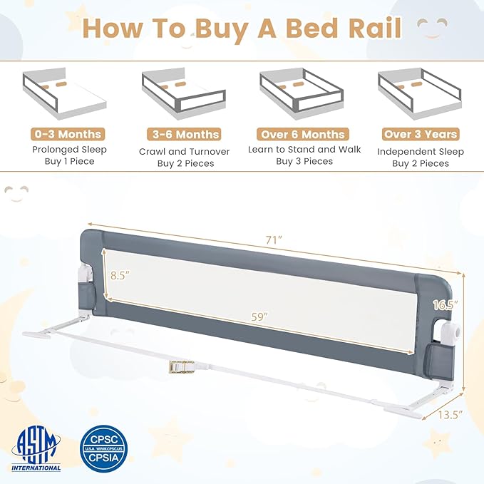 HONEY JOY Bed Rail for Toddlers, Extra Long, Foldable Portable Swing Down Safety Bed Guard Rail, Toddler Bed Rails for Crib, King Queen Full Twin Size Bed Mattress (Light Gray, 1 Pack, 71 Inch)-BubblyBeeBaby