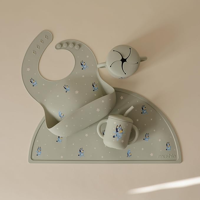 mushie x Bluey Silicone Baby Bib | Adjustable Fit Waterproof Bibs (Bluey Sage)-BubblyBeeBaby