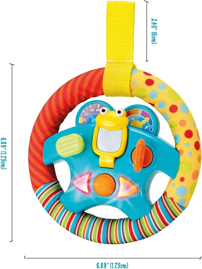 KiddoLab Steering Wheel Toy with Music,Lights,Sounds & Flip Up Mirror - Crib & Stroller Toys with Soft Fabric and Velcro Tap for Easy Attachment. Car Seat Toys for Babies and Toddlers. Ages 3 Months+-BubblyBeeBaby