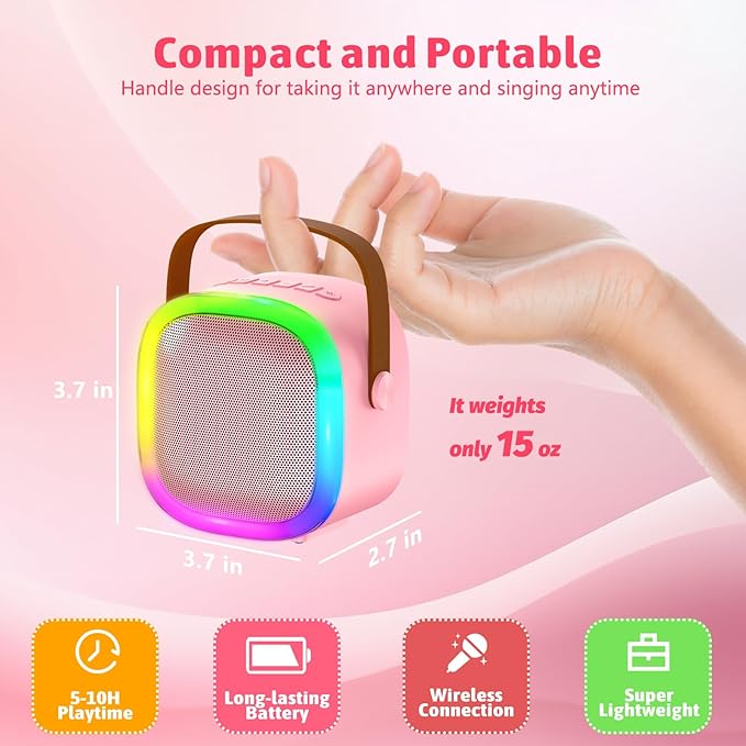 Karaoke Machine for Kids Adults, Portable Bluetooth Speaker with 2 Wireless Microphones and LED Lights, Kids Toys Birthday Gifts for Girls Boys Ages 4, 5, 6, 7, 8,9,10,11,12+ Years-BubblyBeeBaby