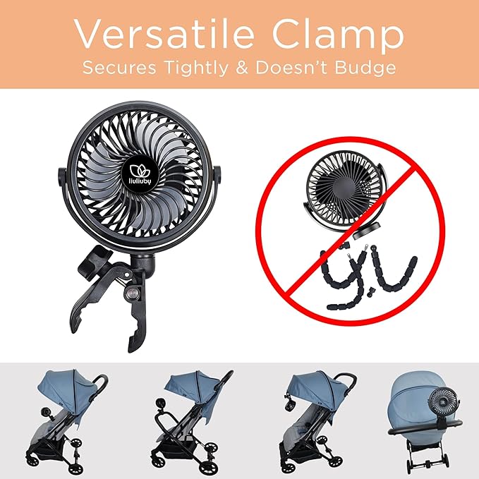 liuliuby Baby Stroller Fan with Clip | Clip On Fan for Baby Car Seat | Portable & Rechargeable with Durable Clamp | Stroller Accessories | Small Cooling USB Chargeable Battery (Jet Black)-BubblyBeeBaby