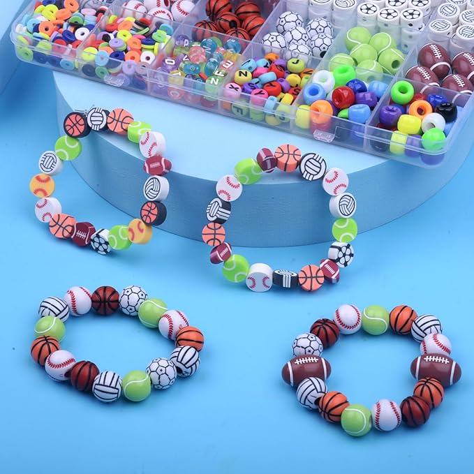 1000PCS Sports Ball Polymer Clay Beads Charms for Friendship Bracelets Making Kit Cute Fun Beads DIY Arts Crafts Birthday Gifts for Kids Girls Baseball Basketball Soccer Rugby Volleyball Football Bead-BubblyBeeBaby