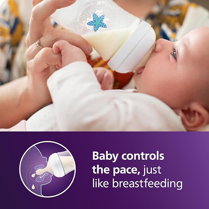 Philips Avent Natural Baby Bottles with Natural Response Nipples (Medium Flow, Flow 3), with Seahorse and Starfish Design, 9oz, 4-Pack, SCY903/68-BubblyBeeBaby