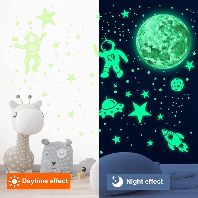 1017Pcs Glow in The Dark Stars for Ceiling Glow in The Dark Moon and Space Wall Decals Luminous Astronaut Universe Planet Galaxy Wall Stickers for Kids Boys Girls Bedroom Green-BubblyBeeBaby