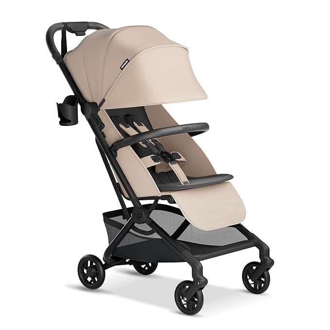 Mompush Velo Lightweight Travel Stroller – One-Hand Fold, Ultra-Compact & Airplane Friendly, Lie-Flat Recline Seat (from Birth to 50 lbs), Includes Cup Holder, Shoulder Strap, and Leather Bumper Bar-BubblyBeeBaby