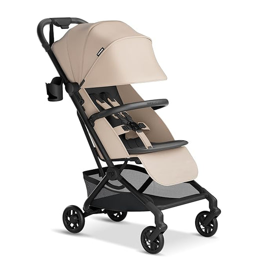 Mompush Velo Lightweight Travel Stroller – One-Hand Fold, Ultra-Compact & Airplane Friendly, Lie-Flat Recline Seat (from Birth to 50 lbs), Includes Cup Holder, Shoulder Strap, and Leather Bumper Bar-BubblyBeeBaby