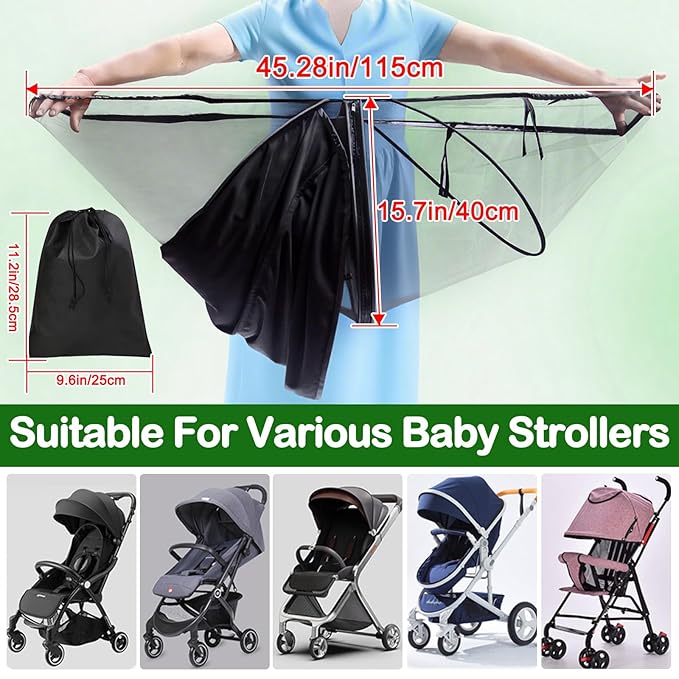 Baby Mosquito Net for Stroller Sun Shade, 2-in-1 Stroller Cover for Sun Protection with Two-Way Zipper and Storage Bag, Breathable Strollers Bug Net Suitable for Bassinet, Cradle, Car Seat – Black-BubblyBeeBaby