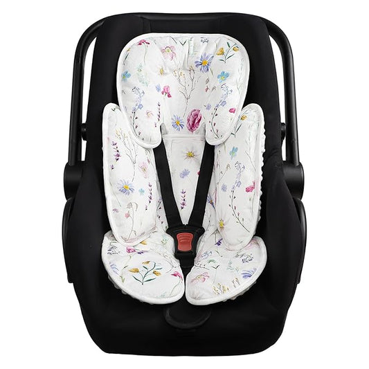 Pea Pod Infant Car Seat Pad 2-in-1 Baby Car Seat Head & Body Support for Newborn Girl Reversible 3 Layer Warm Preemie Carseat Stroller Cushion Headrest with Soft Minky Dot Fabric, Wildflower-BubblyBeeBaby