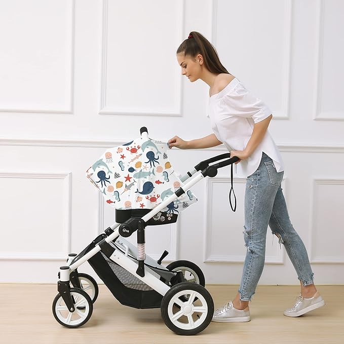 Carseat Cover Boy and Girls - Multi-use Nursing Car Seat Canopy Cover for Breastfeeding, Infant Stroller Cover, High Chair Cover (Cute Fish)-BubblyBeeBaby