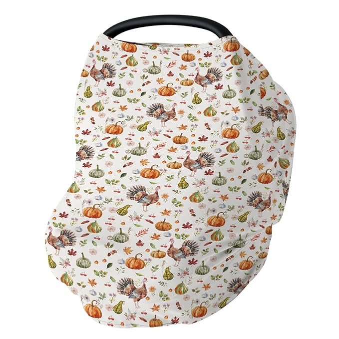 Thanksgiving Turkey Pumpkins Car Seat Covers Vintage Autumn Leaves Stretchy 5-in-1 Cover Adjustable Infant Carseat Cover Canopy Fall Harvest Breathable Nursing Cover-Up-BubblyBeeBaby