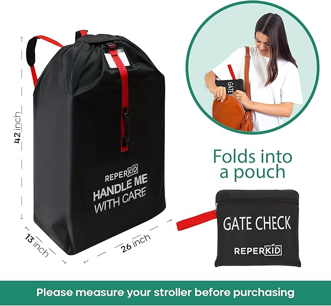 reperkid Medium Stroller Bag for Airplane Travel, Black & Red, 42" H x26 W x13 D, Fits Most Single Strollers Incl. Jogging & Standard Models – Premium Waterproof Cover, Adjustable Shoulder Straps-BubblyBeeBaby