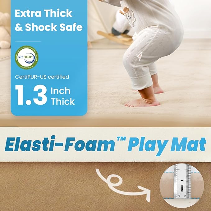 1.3" Thick Baby Play Mat for Floor, 79x79 Large Foam Tummy Time Mat, Padded Support Soft Plush Nursery Rug for Infant Kids Toddler Crawling Kick Activity (Beige)-BubblyBeeBaby