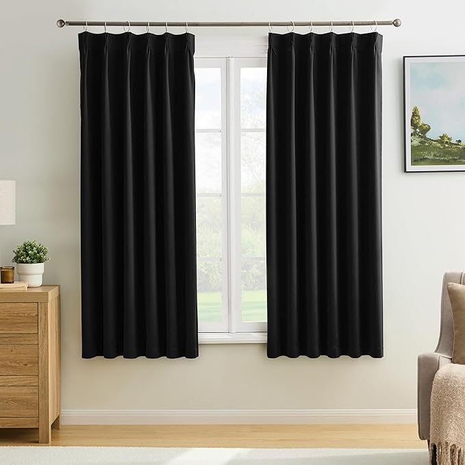 KEQIAOSUOCAI Short Pinch Pleated Blackout Curtains 63 Inch Long 2 Panels for Bedroom Thermal Insulated Black Out Window Curtain Pinched Pleat Drape with Hooks (W40 x L63 Inch, Black)-BubblyBeeBaby