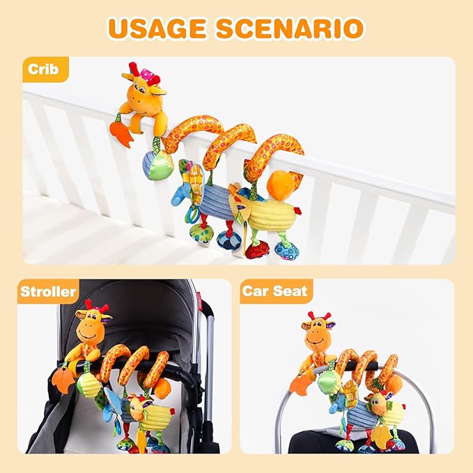 Jollybaby Crib Stroller Car Seat Toys for Baby 0-3-6-9-12 Months, Tummy Time Hanging Sensory Toys for Newborn with Music Box and Teether, Spiral Carseat Toy for Infant Boys Girls Gifts (Giraffe)-BubblyBeeBaby