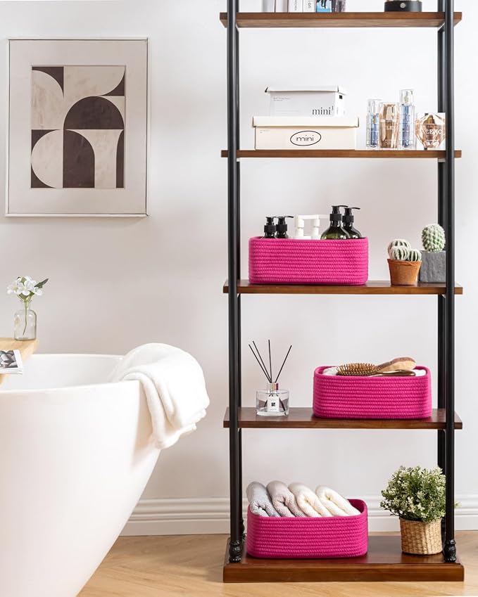 KALLAX Small Woven Basket, 12 x 8 x 4.5 Inches, Storage Basket for Organizing, Cute Small Rope Shelf Closet Cube Storage Bins Baskets for Shelves, Dog Toy Gift Baskets Empty, 3 Packs, Hot Pink-BubblyBeeBaby