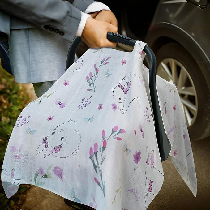 80S Muslin Car Seat Cover for Babies - Soft & Breathable Infant Carrier Canopy, Lightweight Sunshade for Summer, Universal Fit for Baby Boys & Girls-BubblyBeeBaby