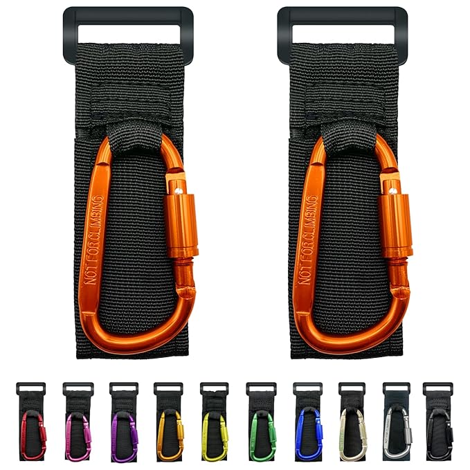 Baby Stroller Hook, Carry 30 lbs per Stroller Carabiner Clip, Adjustable Baby Stroller & Car Seat Hook for Hanging Diaper Bag, Wheelchair,Golf cart, Shopping and Pet Cart(2 Pcs Orange)-BubblyBeeBaby