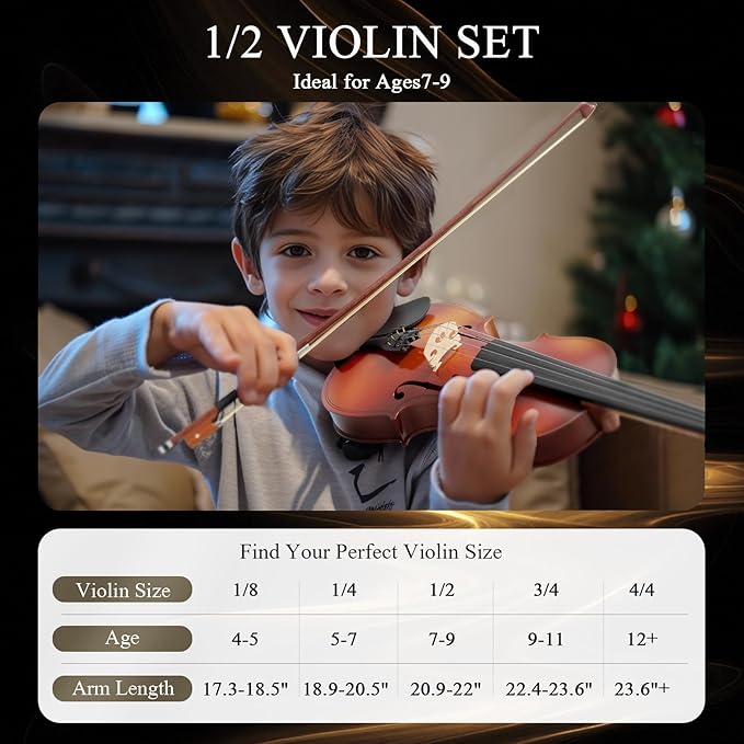 1/2 Beginner Violin Kit for Kids,Complete Violin Set with Case, Bow, Rosin,Natural-BubblyBeeBaby