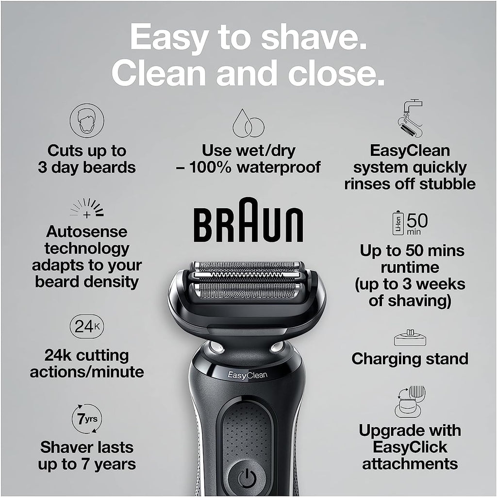 Braun Electric Razor for Men, Waterproof Foil Shaver, Series 5 5050cs, Wet & Dry Shave, with Beard Trimmer and Body Groomer, Rechargeable, Charging Stand Included, Blue