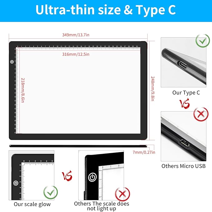 Elice A4 LED Tracing Light Box with 4 Clips, Ultra-Thin Diamond Art Light Board, Bright Light Pad, Lightbox for Tracing and Drawing, Artcraft Light Table for Weeding Vinyl, Diamond Painting, Sketching-BubblyBeeBaby