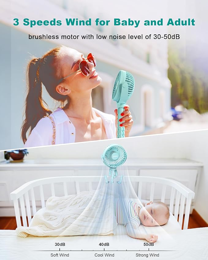 Stroller Fan Clip on for Baby, 4000mAh Rechargeable Battery Operated, Flexible Tripod, 3 Wind Speed, 360° Rotatable, Small Cooling Portable Fan for Car Seat Crib Bike Travel Beach, Blue-BubblyBeeBaby
