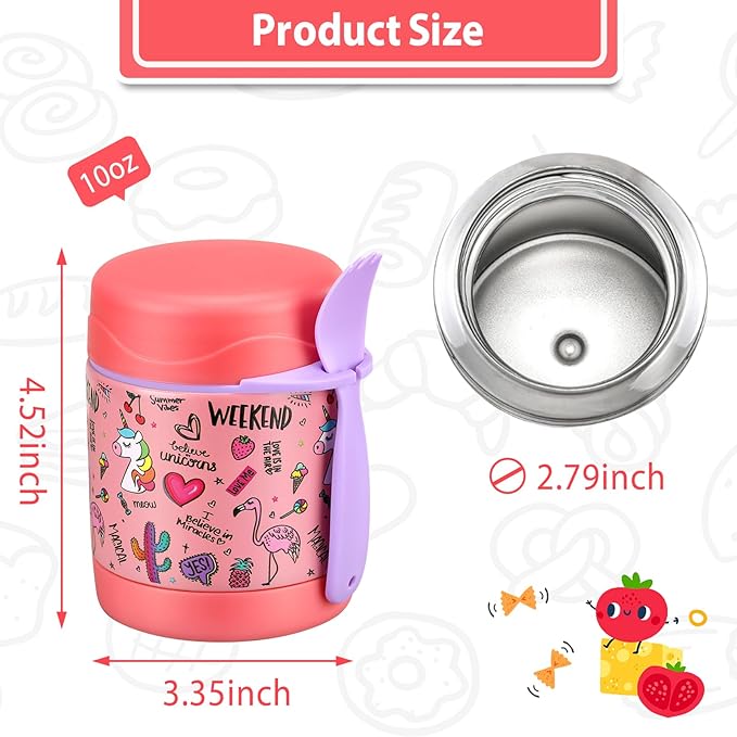 10oz Soup Thermo for Hot Food Kids,Lunch Thermo Kids Food Jar with Spoon Hot Insulated Food Containers,Leak Proof Stainless Steel Wide Mouth Lunch Food Thermo Jar for School(Pink-Flamingo)-BubblyBeeBaby