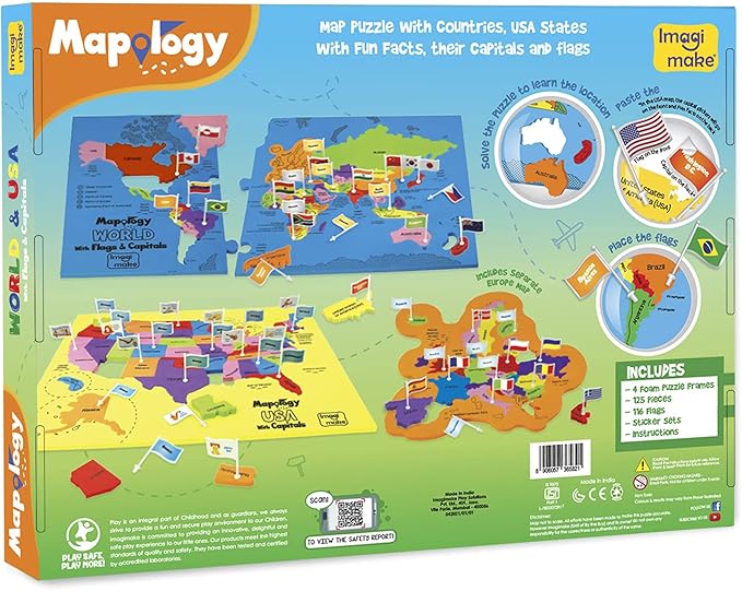 Imagimake Mapology USA & World Map Puzzle with Flags, Capitals, Stickers | Educational Toys for Ages 5-7 | Jigsaw Puzzles for Kids Ages 8-10 | Geography Toys for Ages 8-13 | 6 Year Old Boy/Girl Gifts-BubblyBeeBaby