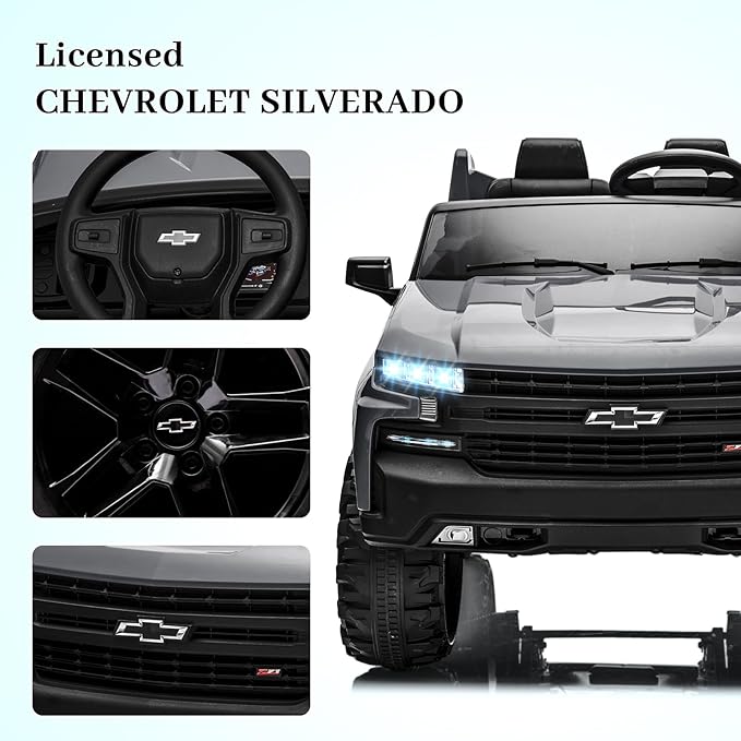 Hetoy 24V 2-Seater Truck Licensed Chevrolet Silverado Ride On Car Toy w/Parent Remote Control,4xSpring Suspension, 3 Speeds, Wireless Music, MP3 Player, Electric Vehicle Car for Kids,Grey-BubblyBeeBaby