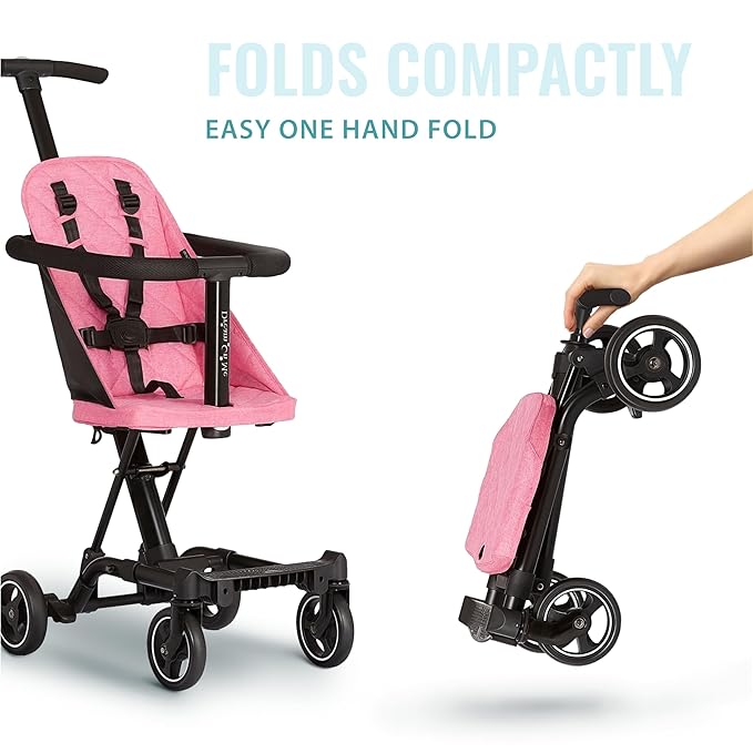 Dream On Me Lightweight and Compact Coast Rider Stroller with One Hand Easy Fold, Adjustable Handles and Soft Ride Wheels, Pink, 365-PINK-BubblyBeeBaby