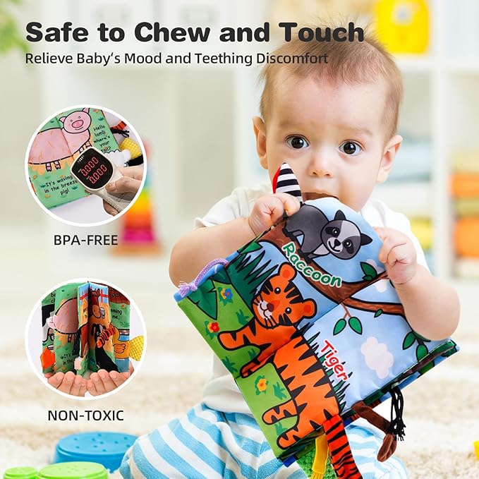 Jollybaby 2 PCS Sensory Touch and Feel Crinkle Books for Baby 0-6 Months, Jungle Farm Tails Montessori Car Set Toys for Tummy Time Newborn 6-12, Soft Fabric Cloth Books for Infant 1 Year Old Gift-BubblyBeeBaby