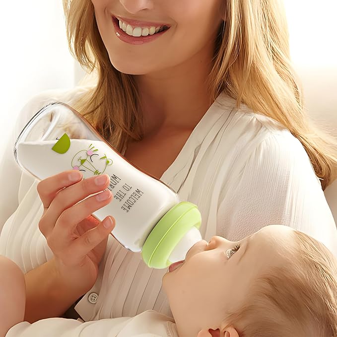 YOHKOH Natural Glass Baby Bottle with Natural Response Nipple, Newborn Anti-Colic Baby Bottles, Wide Neck Mushroom Cap Baby Bottle, Clear (8.8ounce (Pack of 2), Green1)-BubblyBeeBaby