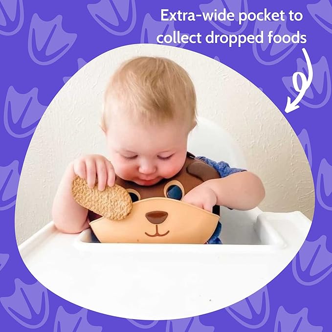Silly Goose Silicone Animal Baby Bibs for Babies and Toddlers, Waterproof, Adjustable, Soft, Extra Wide Food Catcher Pocket (Baby Bear)-BubblyBeeBaby