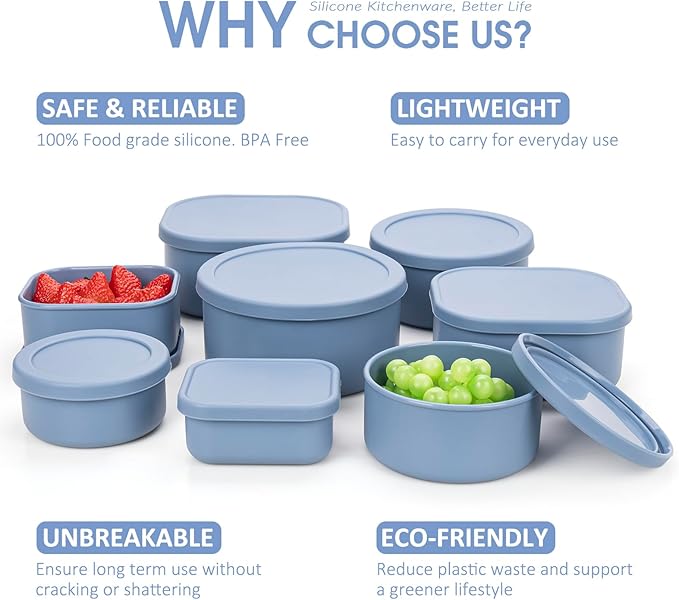 100% Silicone Food Storage Containers with Lids, 8 Pack, 10oz to 51oz, Reusable Leakproof Nesting & Stackable Silicone Bento Lunch Box, Microwave Freezer Dishwasher Oven Safe, BPA Free, Slate Blue-BubblyBeeBaby
