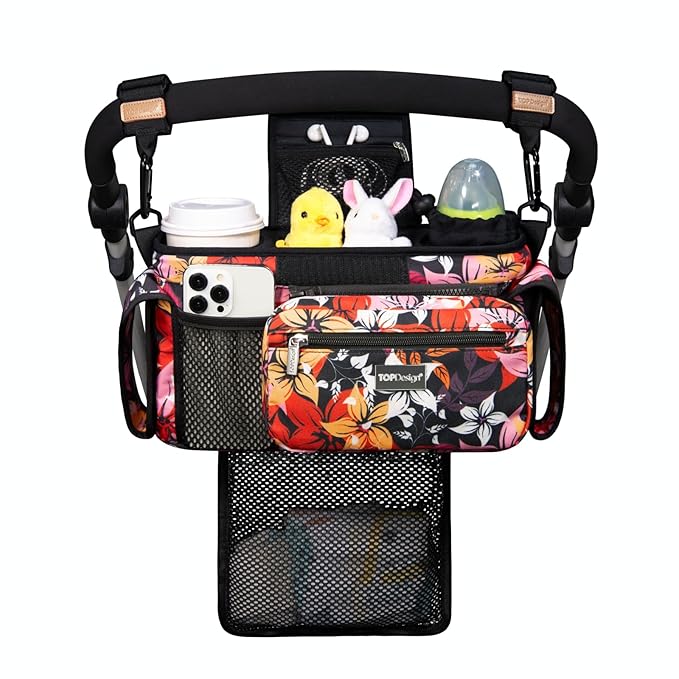 TOPDesign Universal Baby Stroller Organizer, Stroller Caddy with Detachable Mesh Bag & Heightened Insulated Cup Holders & Non-Slip Secure Hooks Accessories, Fits Most Strollers (Five Petal Flower)-BubblyBeeBaby