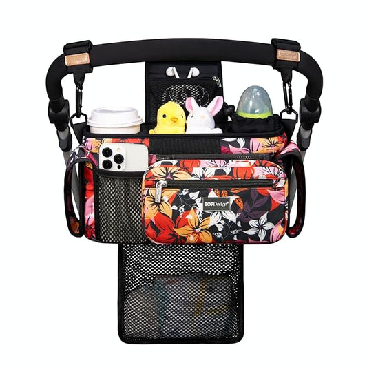 TOPDesign Universal Baby Stroller Organizer, Stroller Caddy with Detachable Mesh Bag & Heightened Insulated Cup Holders & Non-Slip Secure Hooks Accessories, Fits Most Strollers (Five Petal Flower)-BubblyBeeBaby