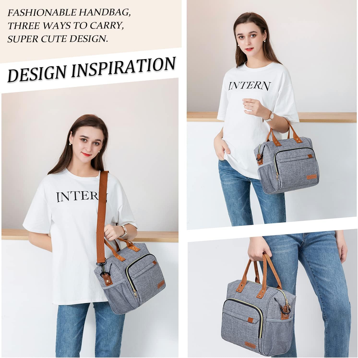 TuErCao Adult Lunch Box - Insulated Lunch Bag Women for Work, Soft Cooler for Beach Travel Picnic, Ladies Lunch Tote Bag for Office, Grey