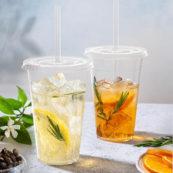 100 Pack - 20 oz Clear Plastic Cups with Lids and Straws, Sturdy & Food Safe Iced Coffee Cups with lids, Disposable Plastic Smoothie Cups for Cold Drinks-BubblyBeeBaby