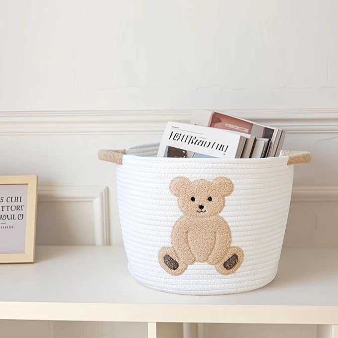 INough Cotton Rope Basket Toy Storage Baskets for kids Laundry Hamper, Gift Basket Empty Baby Shower Baskets with Handles, Cute Bins Blanket Stuffed Animal Storage for Nursery, Living Room Decor, Bear-BubblyBeeBaby