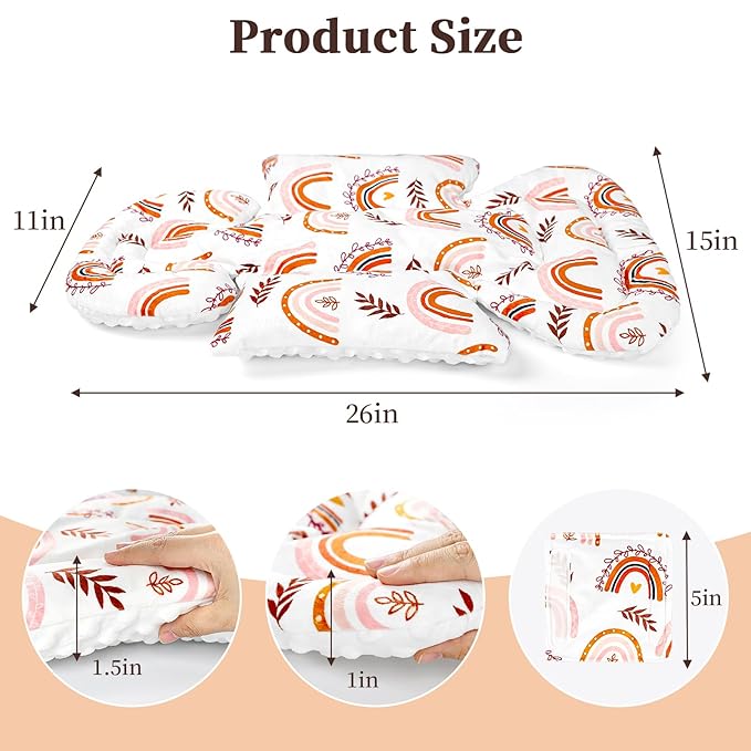 Pea Pod Infant Car Seat Insert with 3 Strap Covers, 3 in 1 Reversible Rainbow Baby Car Seat Head Support for Newborn, 3D Soft Minky Carseat Cushion for Preemie to Infant, Stroller, Swing, Bouncer-BubblyBeeBaby