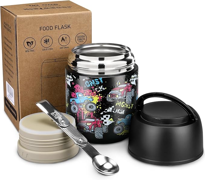 17 oz Insulated Lunch Containers Hot Food Jar, Wide Mouth Lunch Thermo for Kids Adults, Vacuum Stainless Steel Lunch Box With Handle Folding Spoon for School, Office Black - Car-BubblyBeeBaby