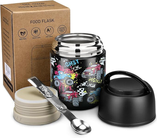 17 oz Insulated Lunch Containers Hot Food Jar, Wide Mouth Lunch Thermo for Kids Adults, Vacuum Stainless Steel Lunch Box With Handle Folding Spoon for School, Office Black - Car-BubblyBeeBaby