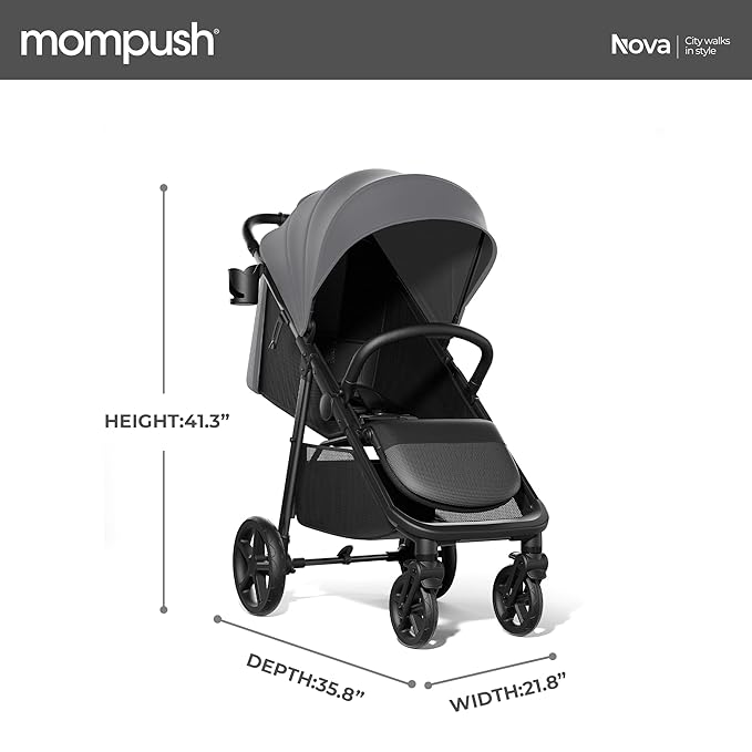 Mompush Nova Baby Stroller for Toddler, Infant & Newborn | Spacious Seat & Lie-Flat Mode | Compact One-Hand Fold, UPF 50+ Canopy & All-Wheel Suspension | Includes Rain Cover & Cup Holder, Grey-BubblyBeeBaby