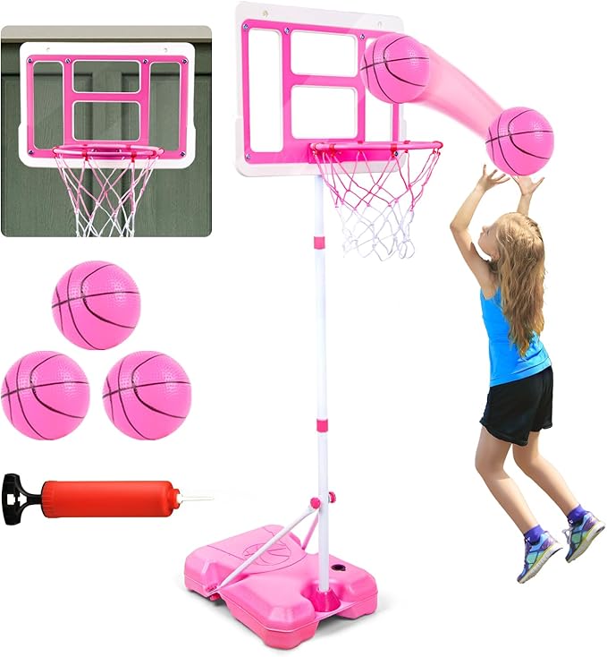 Kids Basketball Hoop with Stand, Adjustable Height 3.5FT-6.2FT Toddler Basketball Hoop, Basketball Goal Outdoor Indoor Toys for Girls Age 3 4 5 6 7 8 Years Old Gifts(Pink)-BubblyBeeBaby