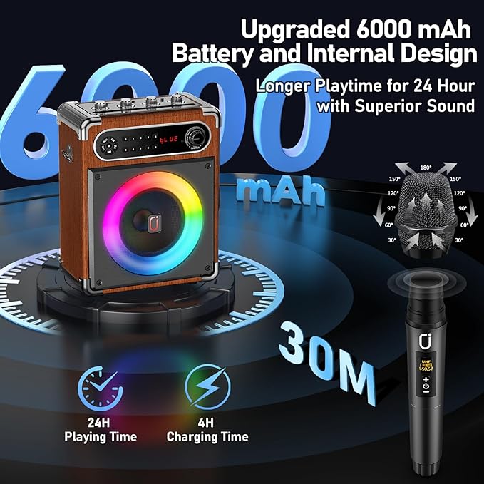 Karaoke Machine with 2 Wireless Microphones,【Upgraded 6.5"Woofer & 2"Tweeter】Portable Bluetooth 5.3 Karaoke Speaker, PA System with Bass/Treble/Echo Adjustment, Supports USB/AUX/TF/TWS for Home Party-BubblyBeeBaby