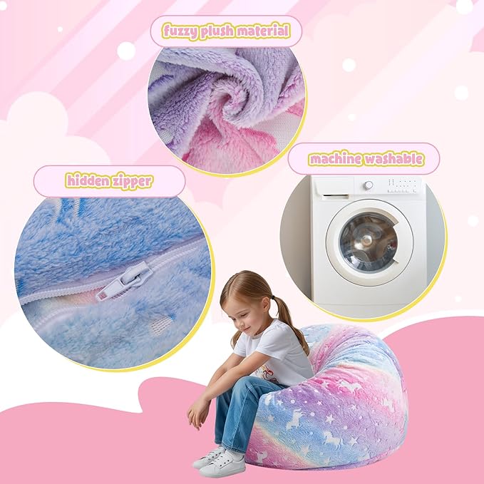 Kids Bean Bag Chair Turn into Beanbag Bed, Unicorn Toddler Bean Chair for Girl Boy Sleeping, Lazy Children Bean Bags with Filler, Convertible Child Floor Mattress, Colorful Rainbow-BubblyBeeBaby