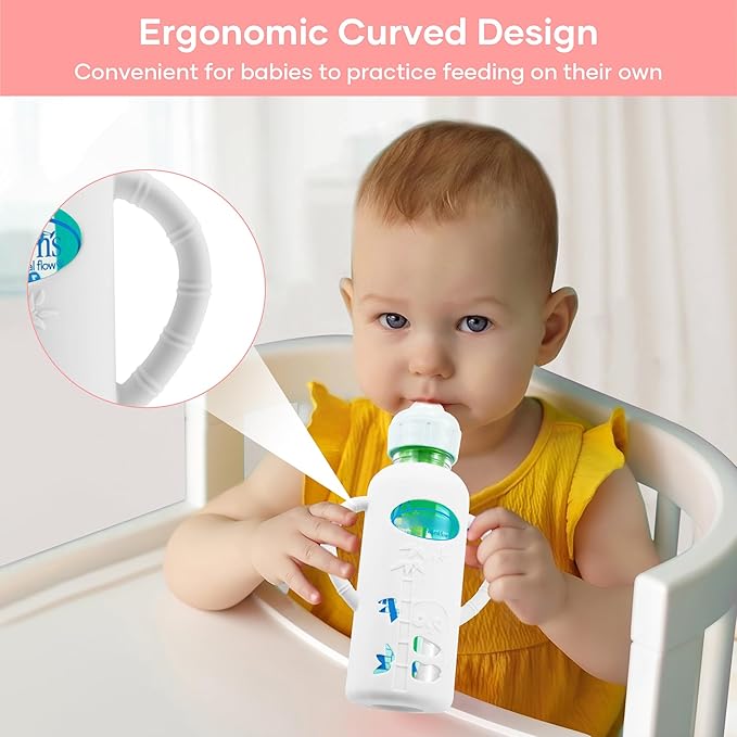 2 Pack Silicone Sleeves for Dr. Brown's Glass Baby Bottles, Anti Breakage Durable Baby Bottle Holder with Easy Grip Handles, Narrow Sleeve with a Cutout, Dishwasher/Freezer/Microwave Safe, 8 oz-BubblyBeeBaby