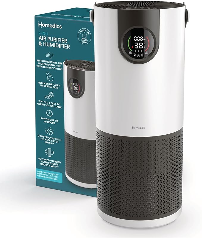 Homedics 2-in-1 Cool Mist Humidifier & Air Purifier – Humidifies & Purifies Air, Digital Air Quality Sensor, Auto Mode, Stylish Tower Design, Ideal for Medium-Large Rooms-BubblyBeeBaby